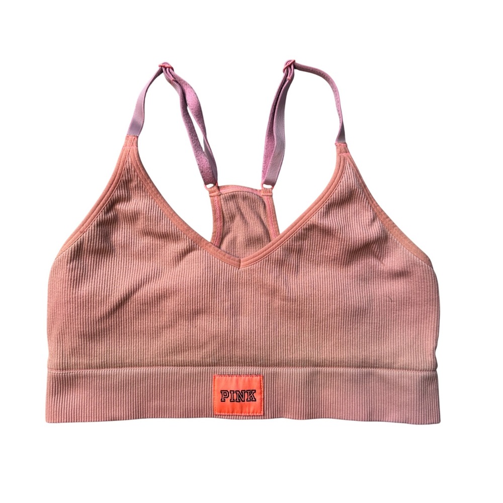 PINK Sports Bra Women Small Pink Active Seamless Ribbed V-Neck Racerback Logo